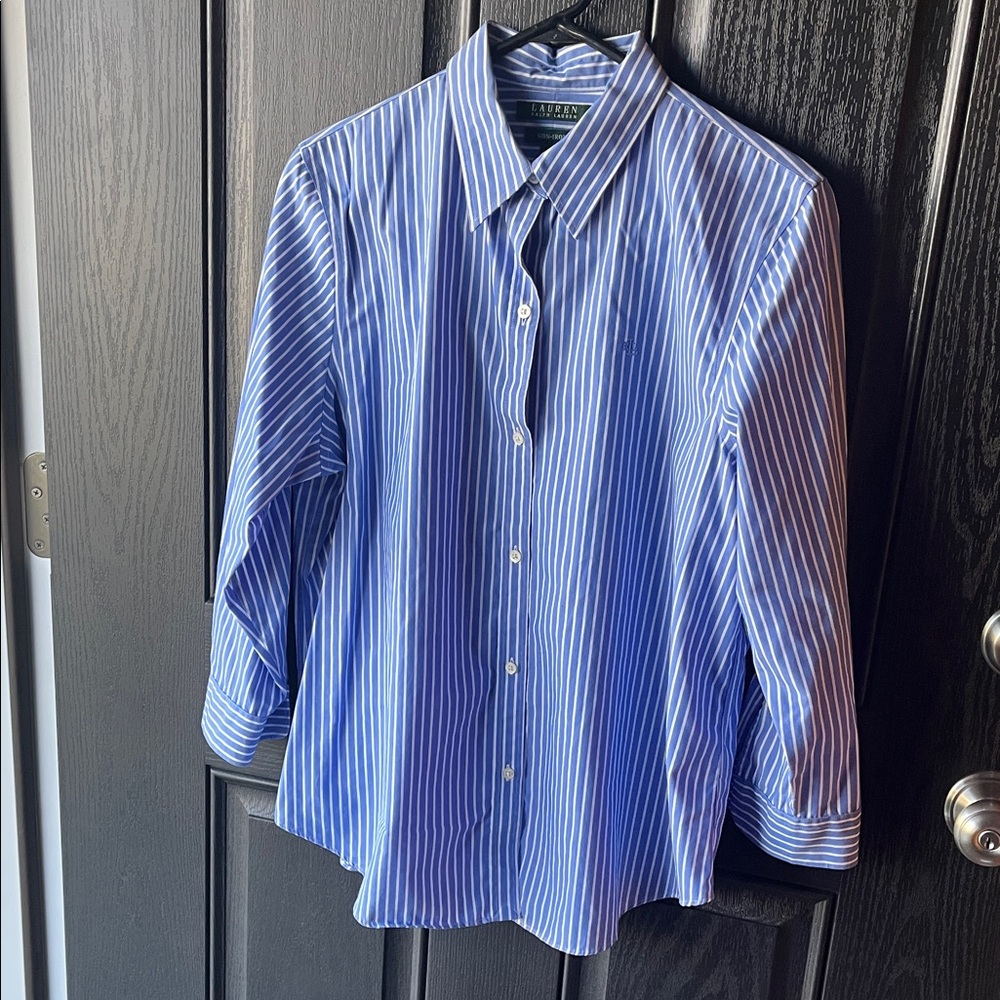 Lauren Ralph Lauren Blue and White Striped button down 3/4 sleeve Shirt